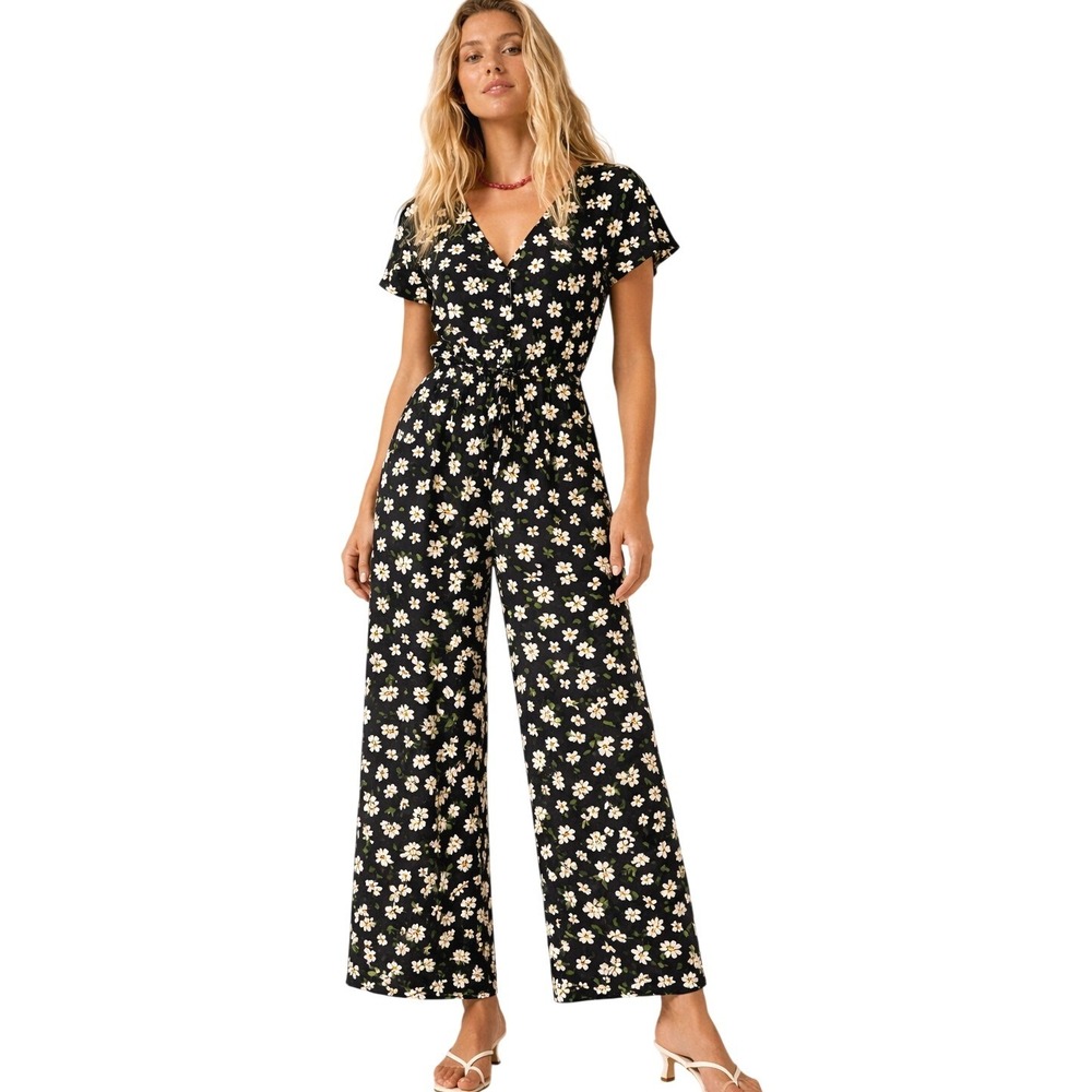 Black Floral Wide Leg Jumpsuit V-Neck Button Front Short Sleeve Boho Romper